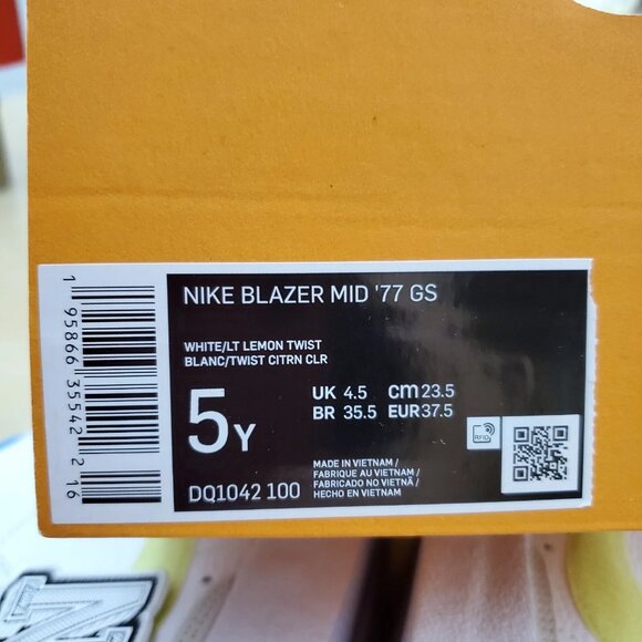 Nike Blazer Mid 77 (GS) Shoe Size 5Y White/Light Lemon Twist Style DQ1042 100 - Picture 12 of 13